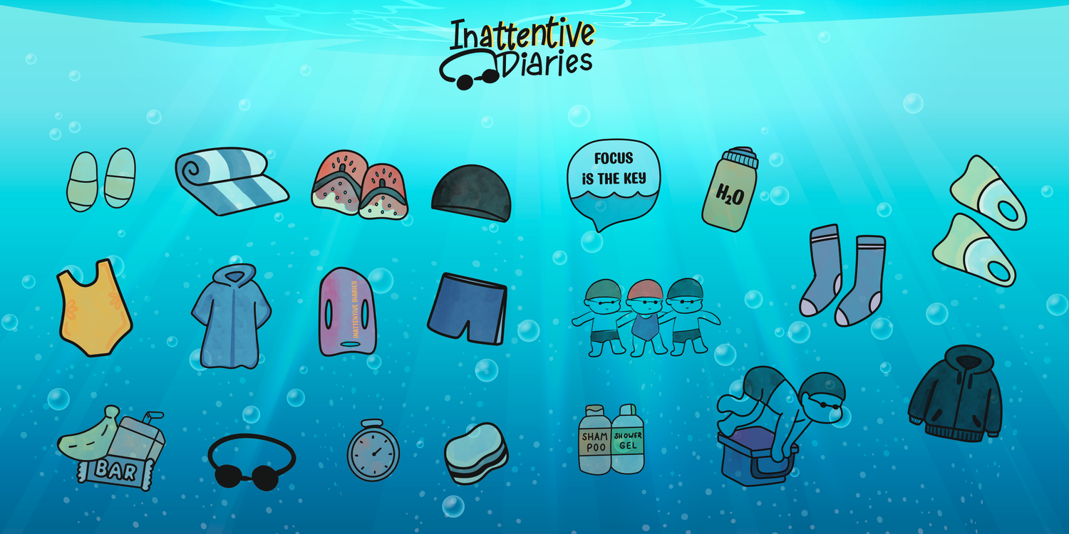 Illustration of swimming gear—goggles, swim cap, and kickboard—rising through water toward the surface, with soft light beams shining down, symbolising Inattentive Diaries’ upcoming launch.