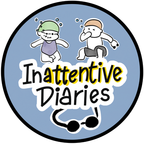 Inattentive Diaries logo — smiling swimmer icon with goggles and wave underline, representing fun and focus for young swimmers.