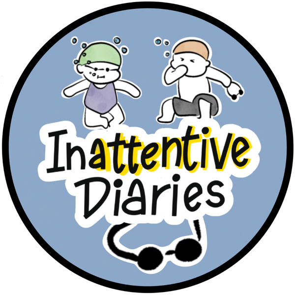 Inattentive Diaries logo — smiling swimmer icon with goggles and wave underline, representing fun and focus for young swimmers.